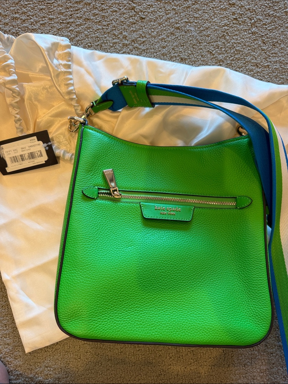 kate spade Bright Green Leather Shoulder Bag with Blue-Accented Strap